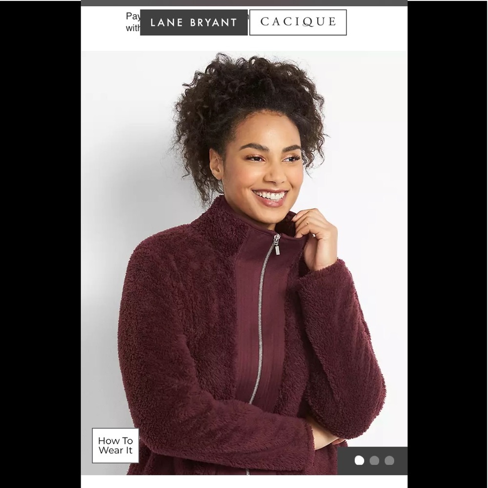 Lane Bryant NWT LIVI Zip Front Jacket, Sherpa, Size 26/28, Burgundy Color